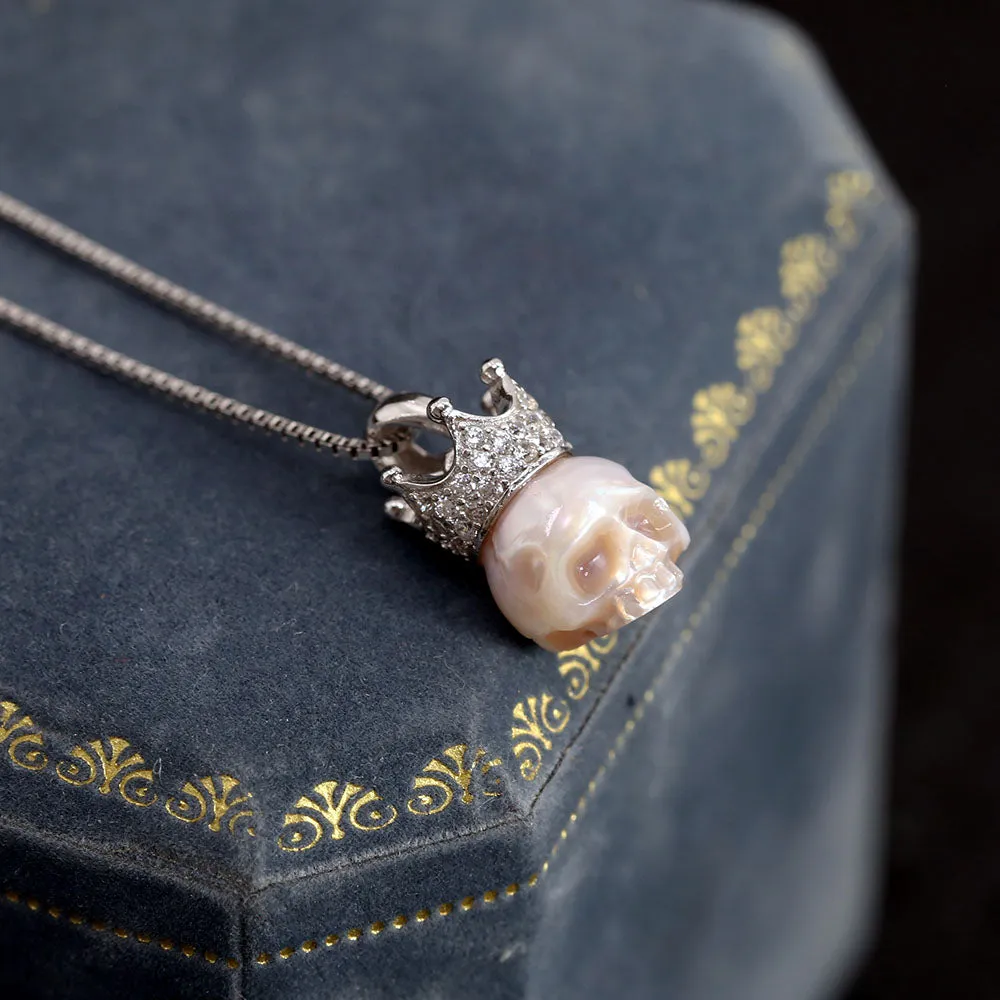 Silver Zircon Crown Pearl Skull Charm Necklace sold by Belle Juri product image thumbnail 2