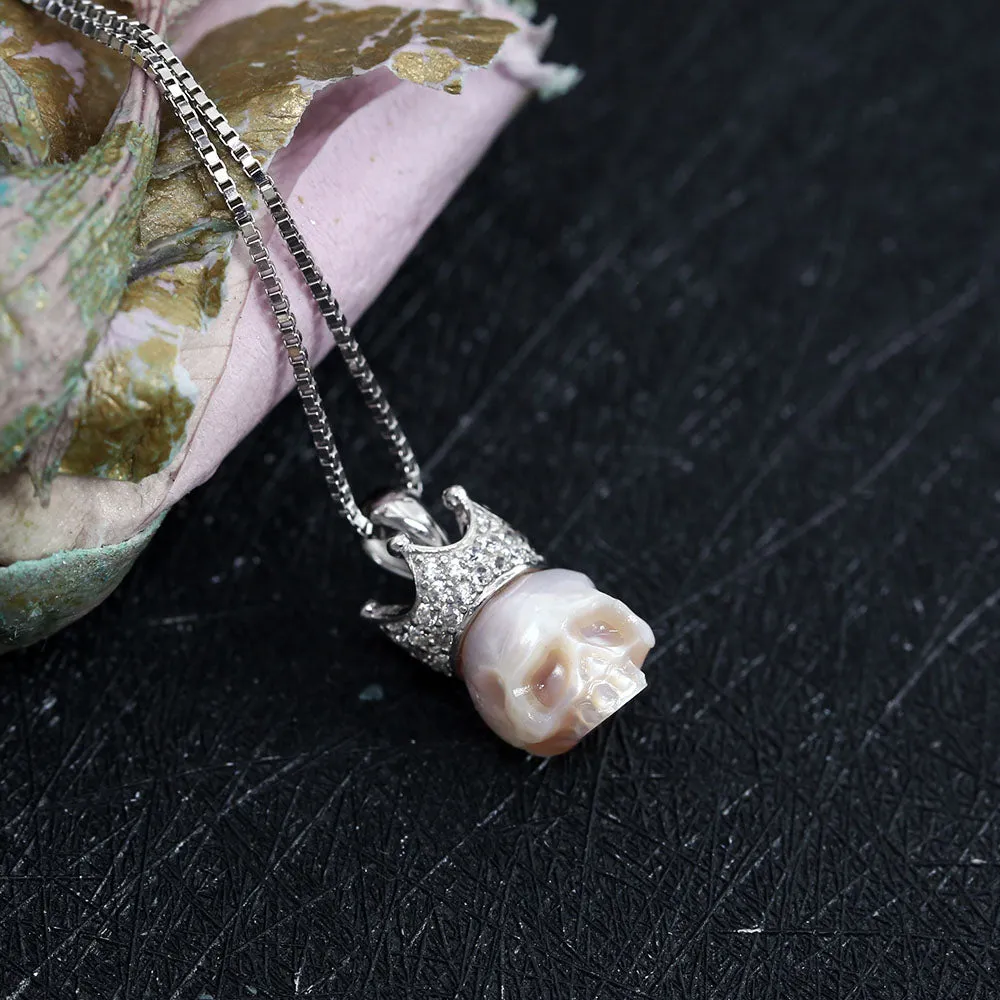 Silver Zircon Crown Pearl Skull Charm Necklace sold by Belle Juri product image thumbnail 4