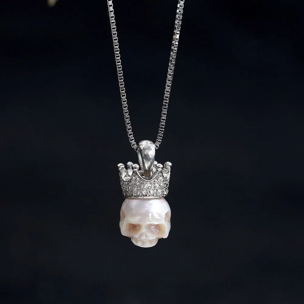 Silver Zircon Crown Pearl Skull Charm Necklace sold by Belle Juri