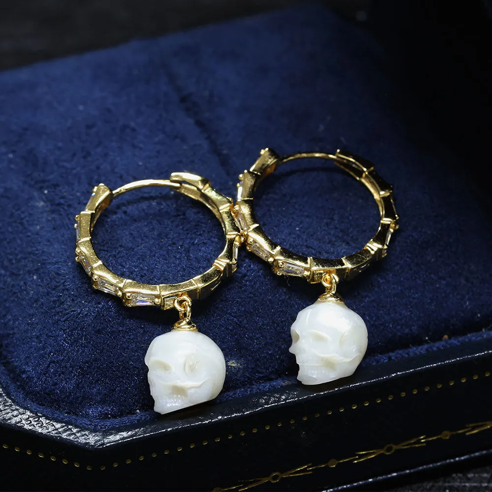 Classic Zircon Pearl Skull Drop Huggie Hoop Earrings sold by Belle Juri product image thumbnail 4