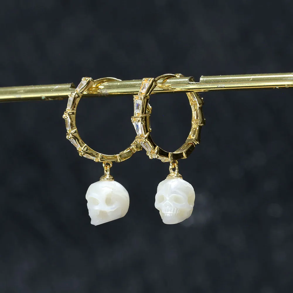 Classic Zircon Pearl Skull Drop Huggie Hoop Earrings sold by Belle Juri product image thumbnail 3