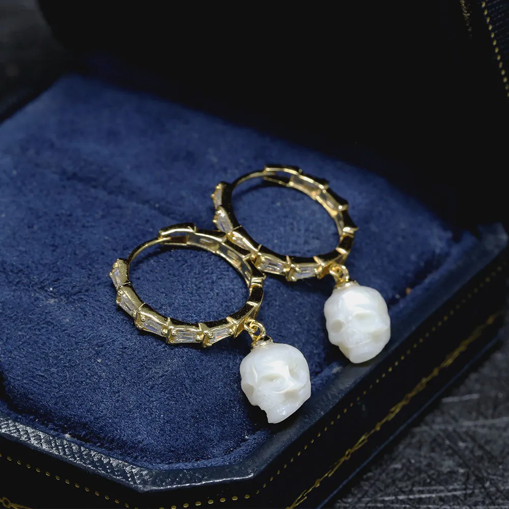 Classic Zircon Pearl Skull Drop Huggie Hoop Earrings sold by Belle Juri product image thumbnail 2