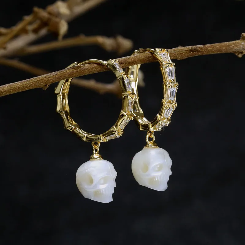 Classic Zircon Pearl Skull Drop Huggie Hoop Earrings sold by Belle Juri