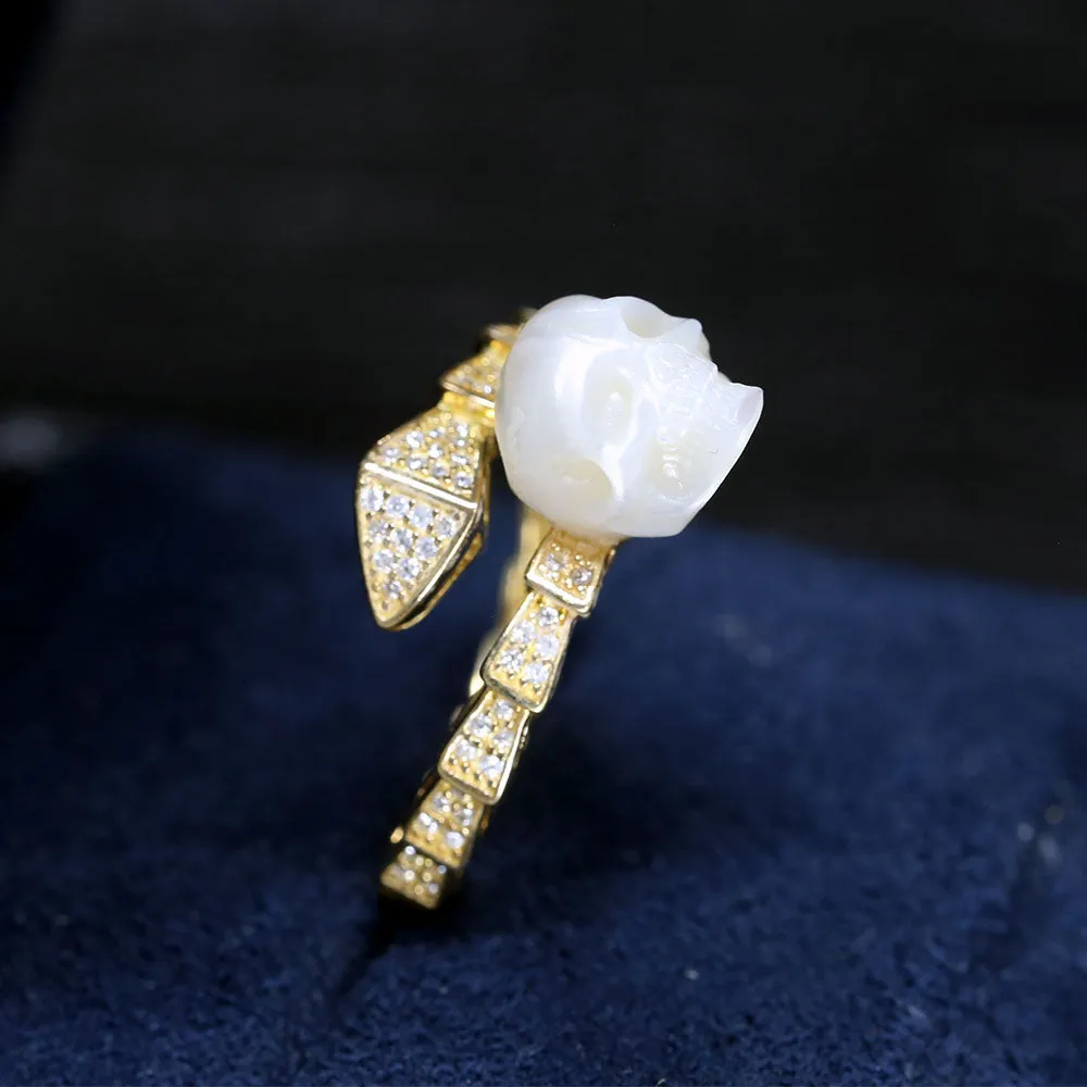 Snake-Embellished Diamond Pearl Skull Ring sold by Belle Juri product image thumbnail 3