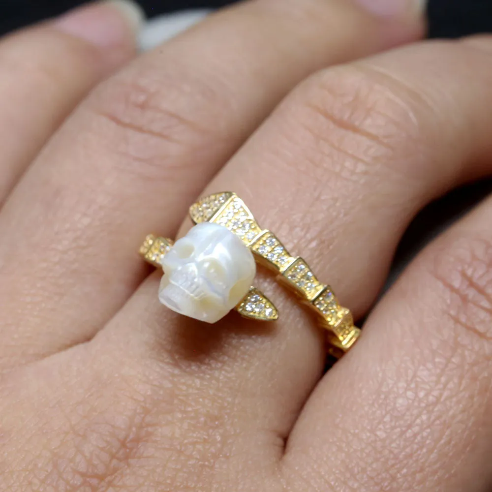 Snake-Embellished Diamond Pearl Skull Ring sold by Belle Juri product image thumbnail 2