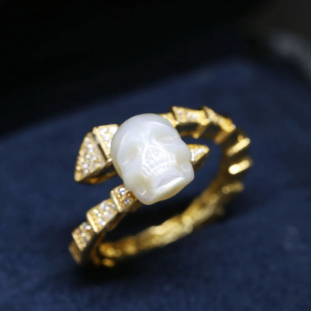 Snake-Embellished Diamond Pearl Skull Ring sold by Belle Juri product image thumbnail 4