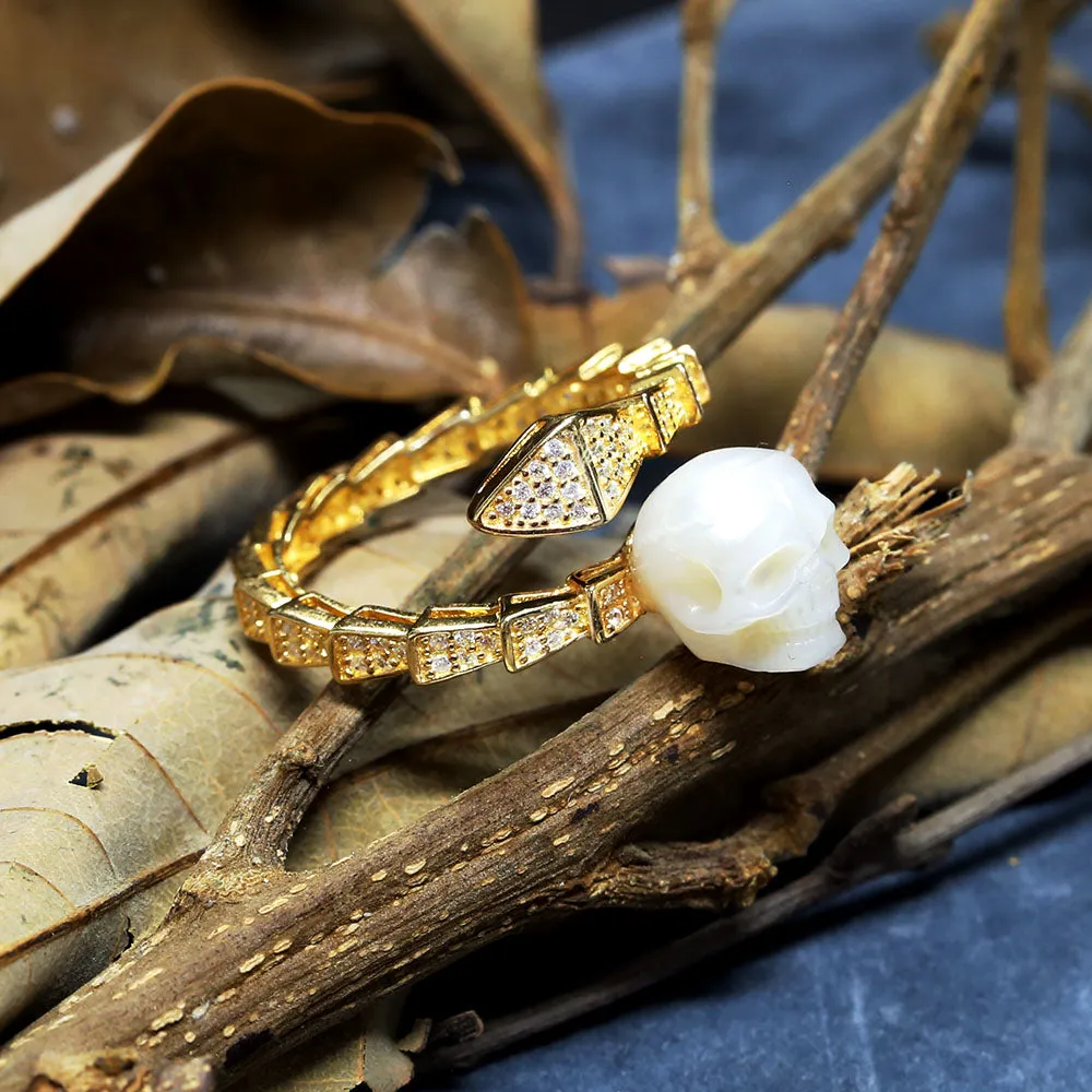 Snake-Embellished Diamond Pearl Skull Ring sold by Belle Juri product image thumbnail 5