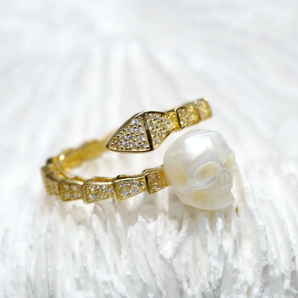 Snake-Embellished Diamond Pearl Skull Ring sold by Belle Juri
