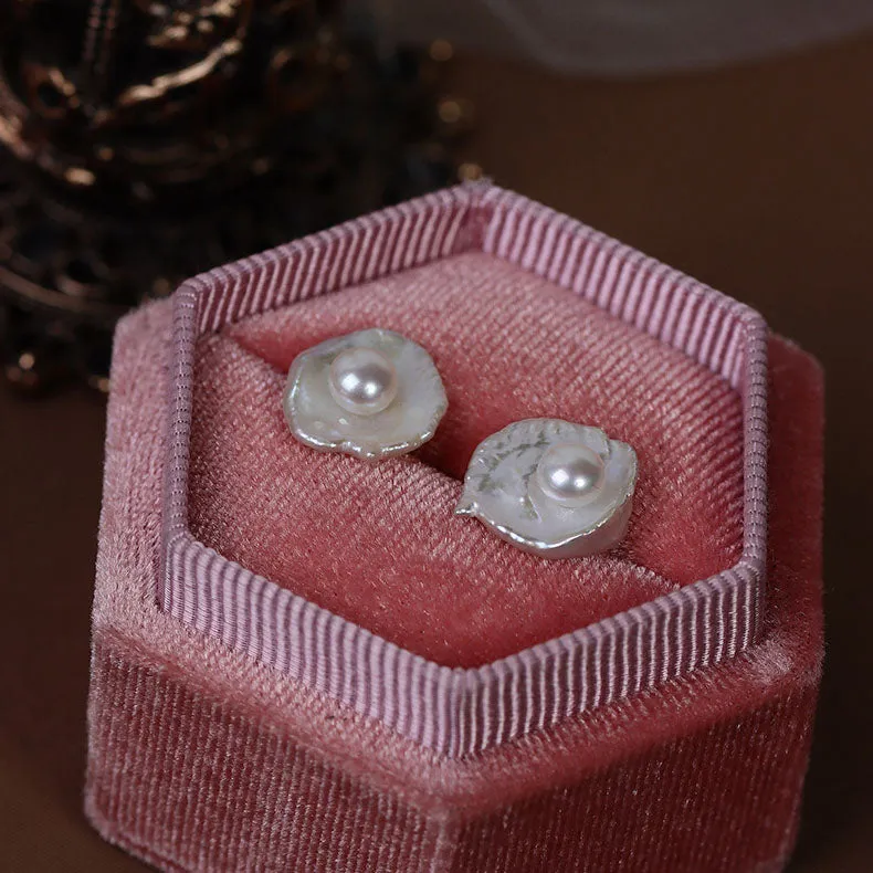 Baroque Egg-shaped Flower Pearl Stud Earrings sold by Belle Juri product image thumbnail 5