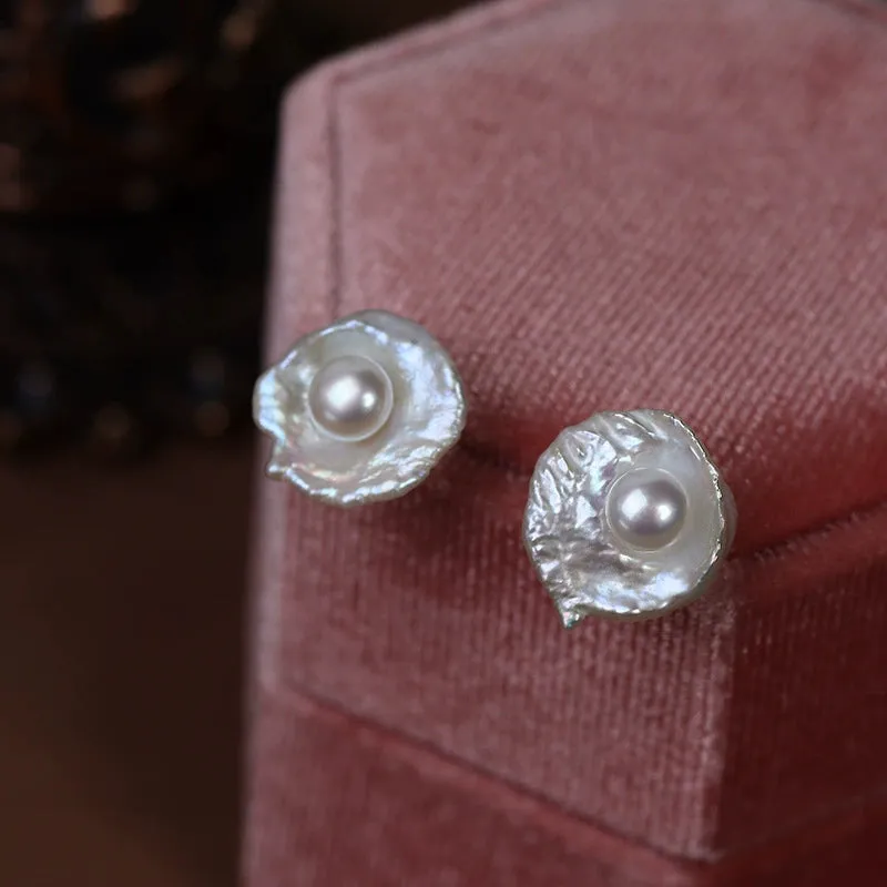 Baroque Egg-shaped Flower Pearl Stud Earrings sold by Belle Juri