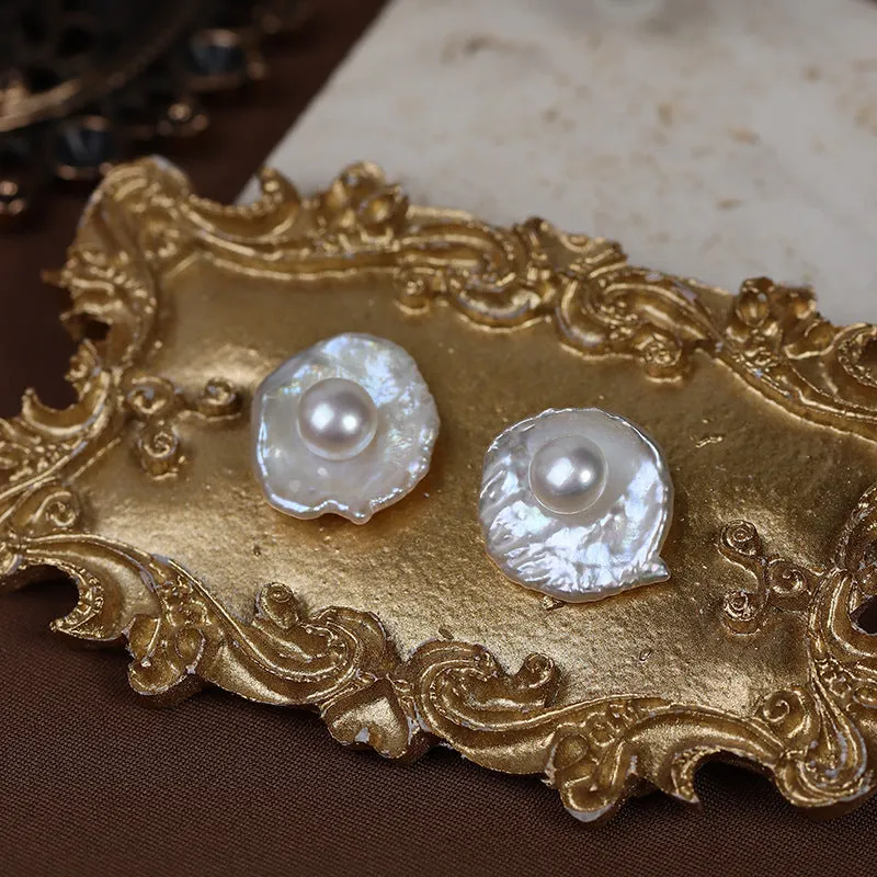 Baroque Egg-shaped Flower Pearl Stud Earrings sold by Belle Juri product image thumbnail 4