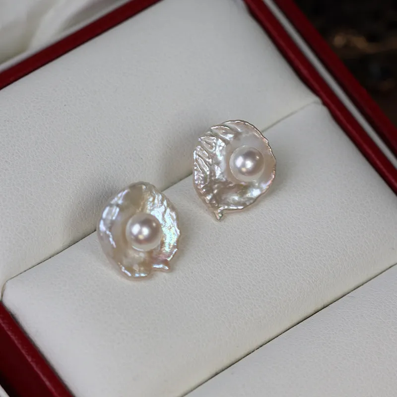 Baroque Egg-shaped Flower Pearl Stud Earrings sold by Belle Juri product image thumbnail 3