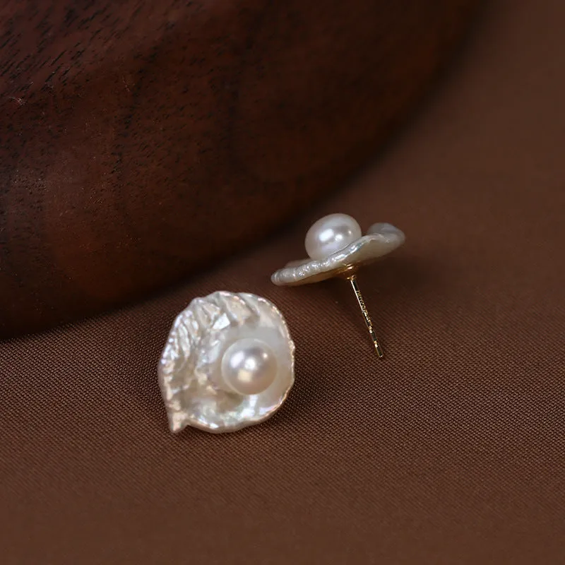 Baroque Egg-shaped Flower Pearl Stud Earrings sold by Belle Juri product image thumbnail 2