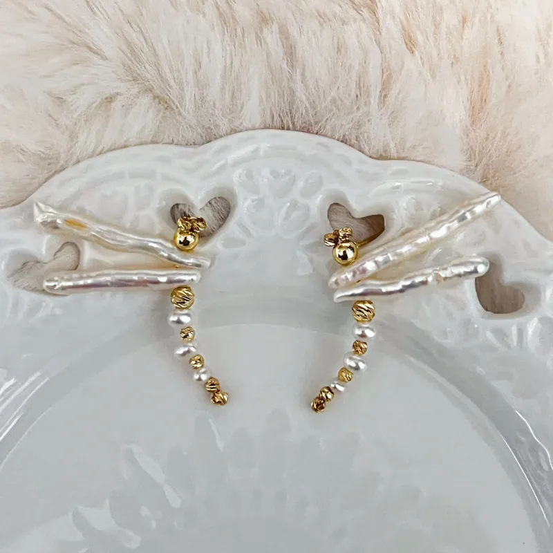 Handcrafted Dragonfly Baroque Pearl Stud Earrings sold by Belle Juri