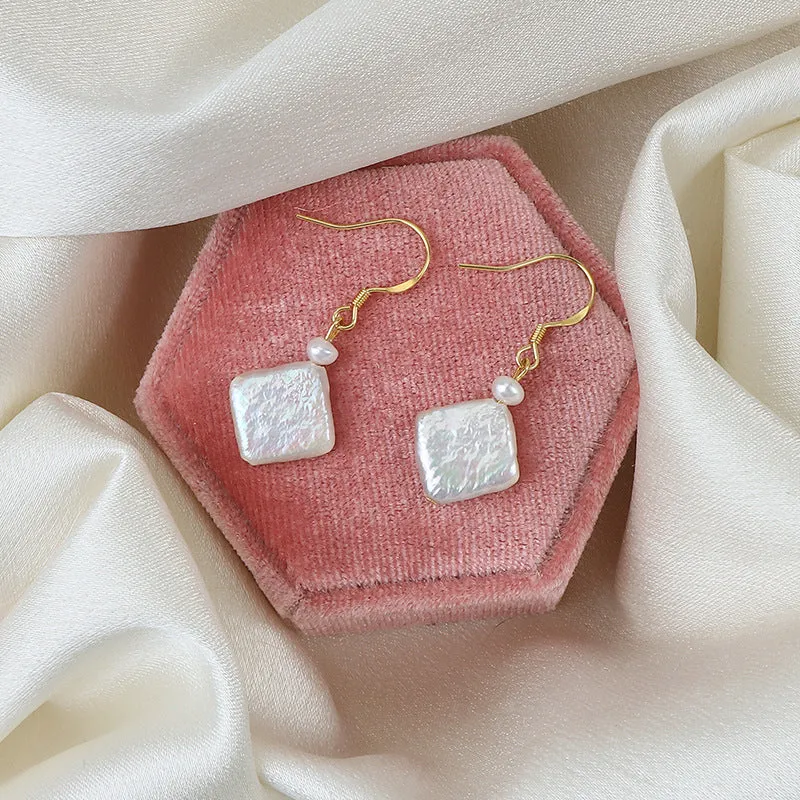 Minimalist Square Baroque Pearl Hook Earrings sold by Belle Juri