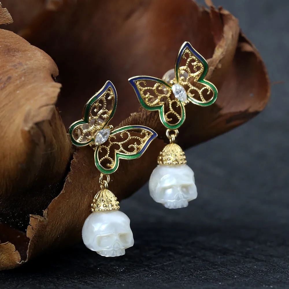 Antique Filigree Butterfly Zircon Pearl Skull Stud Earrings sold by Belle Juri