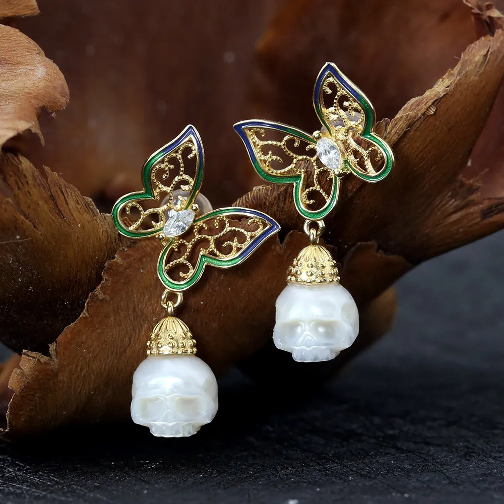 Antique Filigree Butterfly Zircon Pearl Skull Stud Earrings sold by Belle Juri product image thumbnail 5