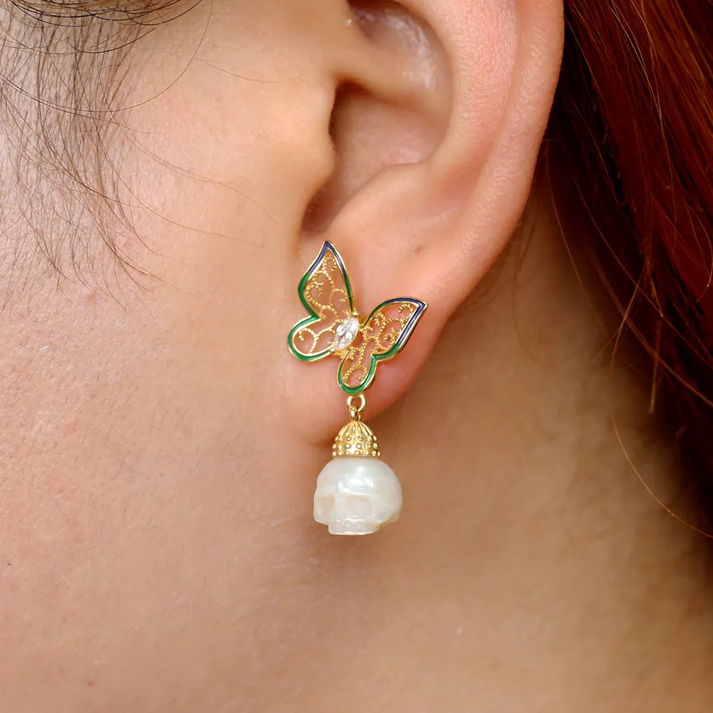 Antique Filigree Butterfly Zircon Pearl Skull Stud Earrings sold by Belle Juri product image thumbnail 2