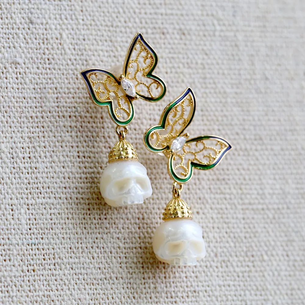 Antique Filigree Butterfly Zircon Pearl Skull Stud Earrings sold by Belle Juri product image thumbnail 4
