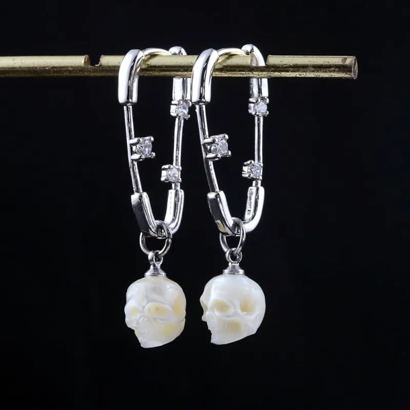 Minimalist Paperclip Pearl Skull Hoop Earrings sold by Belle Juri