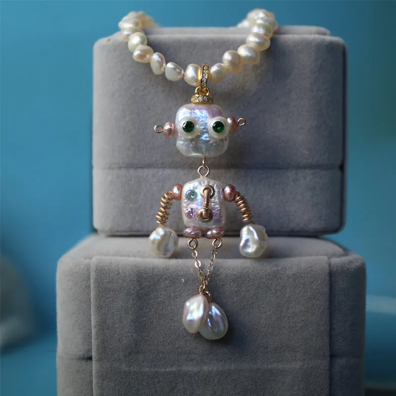 Handmade Steampunk Robot Baroque Pearl Pendant sold by Belle Juri
