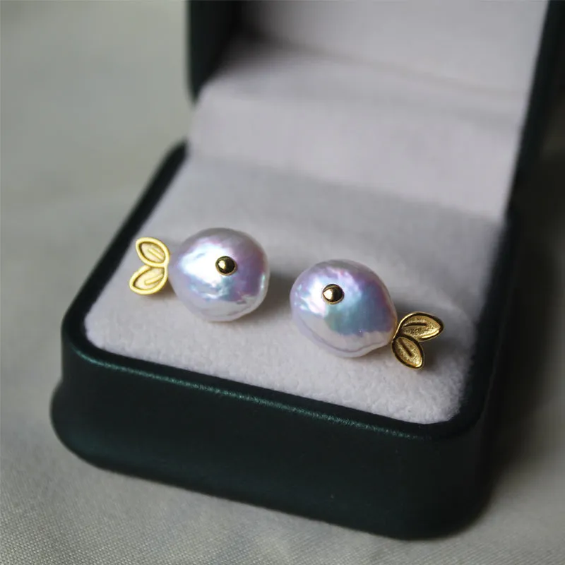 Aurora Glow Fish Baroque Pearl Stud Earrings sold by Belle Juri