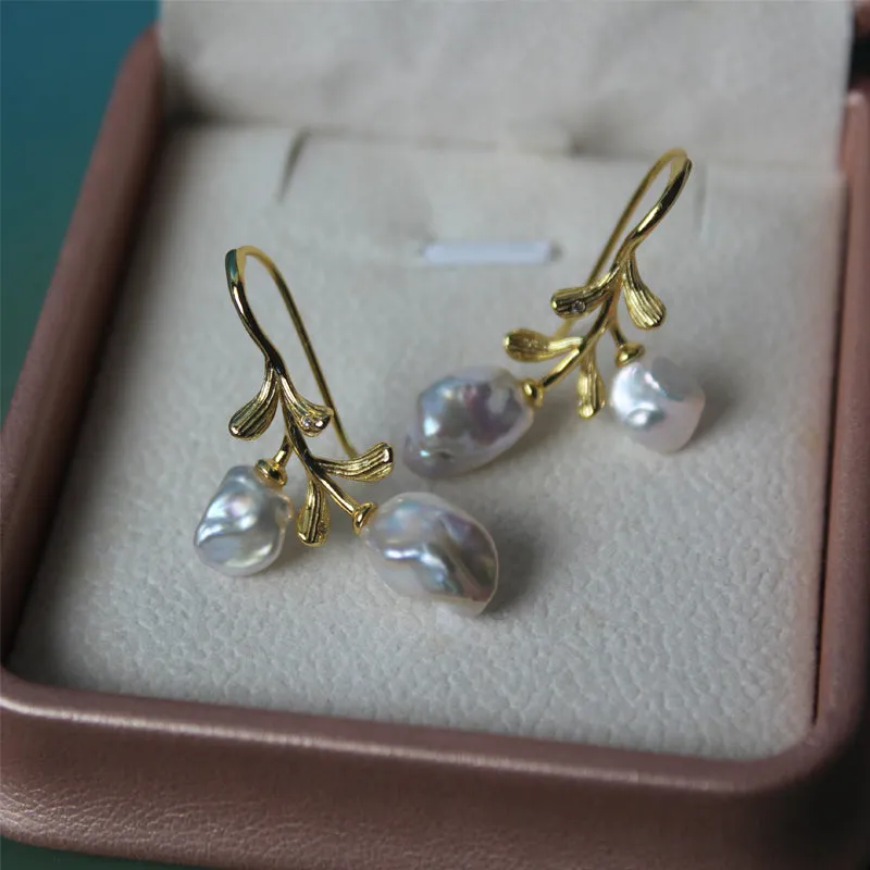 Branch & Leaf Flower Baroque Pearl Drop Earrings sold by Belle Juri