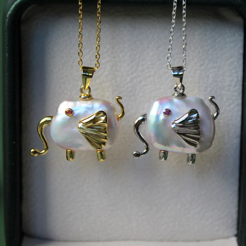 Elephant Aurora Square Baroque Pearl  Necklace sold by Belle Juri