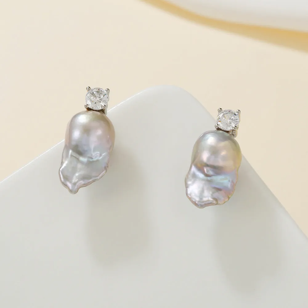 Grey Baroque Pearl & Cubic Zirconia Studs Earrings sold by Belle Juri product image thumbnail 3