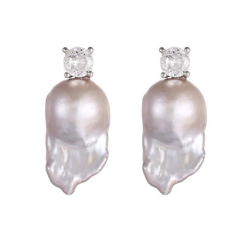 Grey Baroque Pearl & Cubic Zirconia Studs Earrings sold by Belle Juri product image thumbnail 4