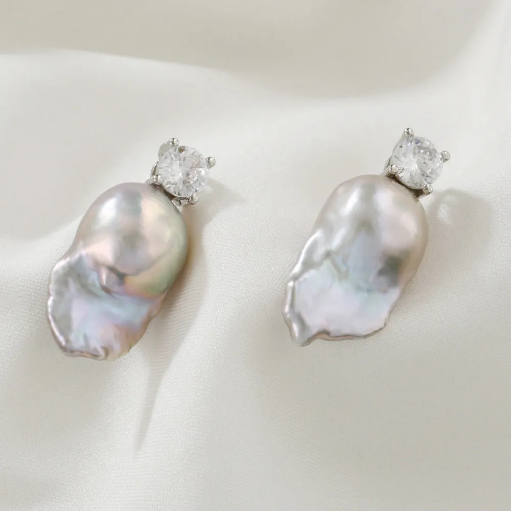 Grey Baroque Pearl & Cubic Zirconia Studs Earrings sold by Belle Juri