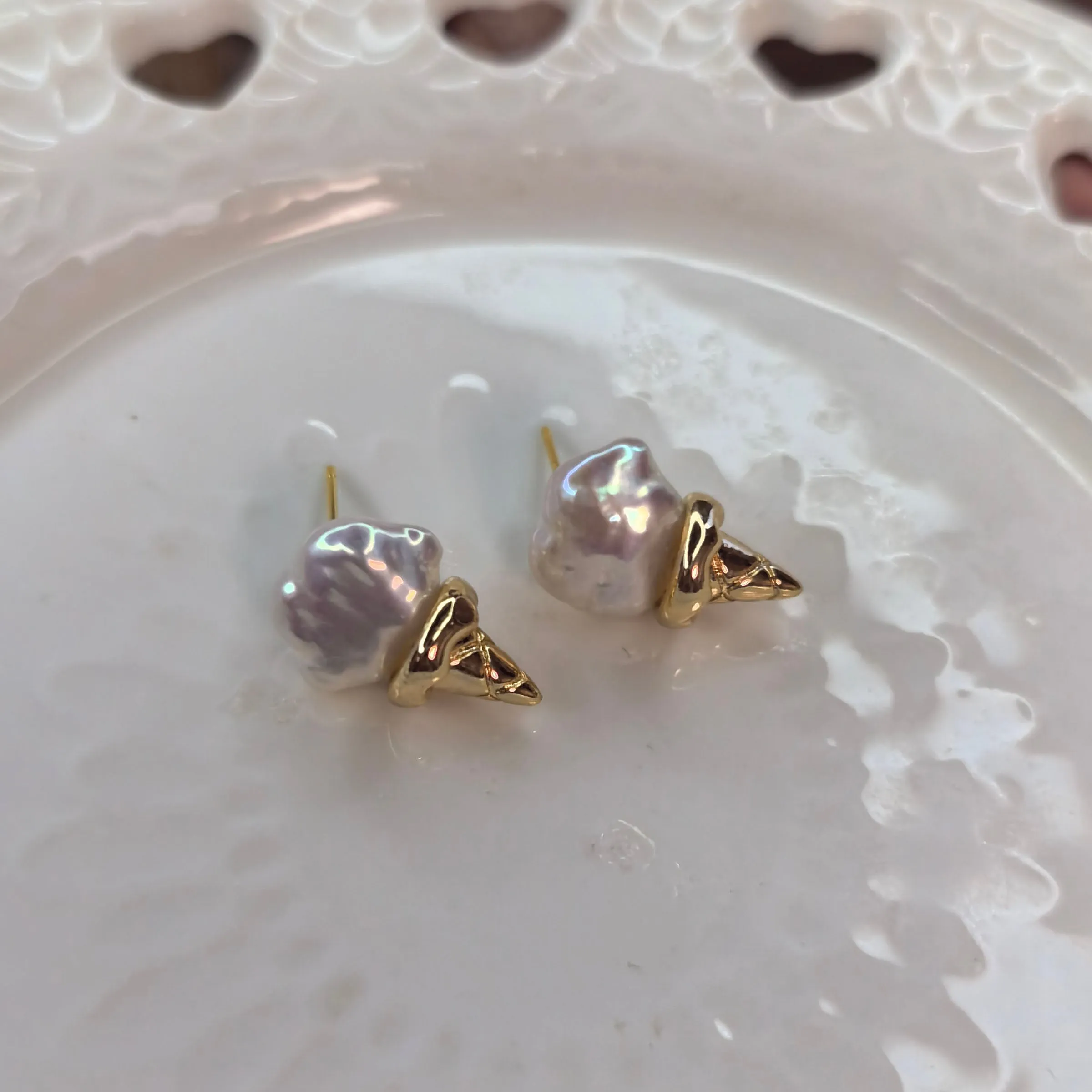 Ice Cream Baroque Pearl Stud Earrings&pendant sold by Belle Juri