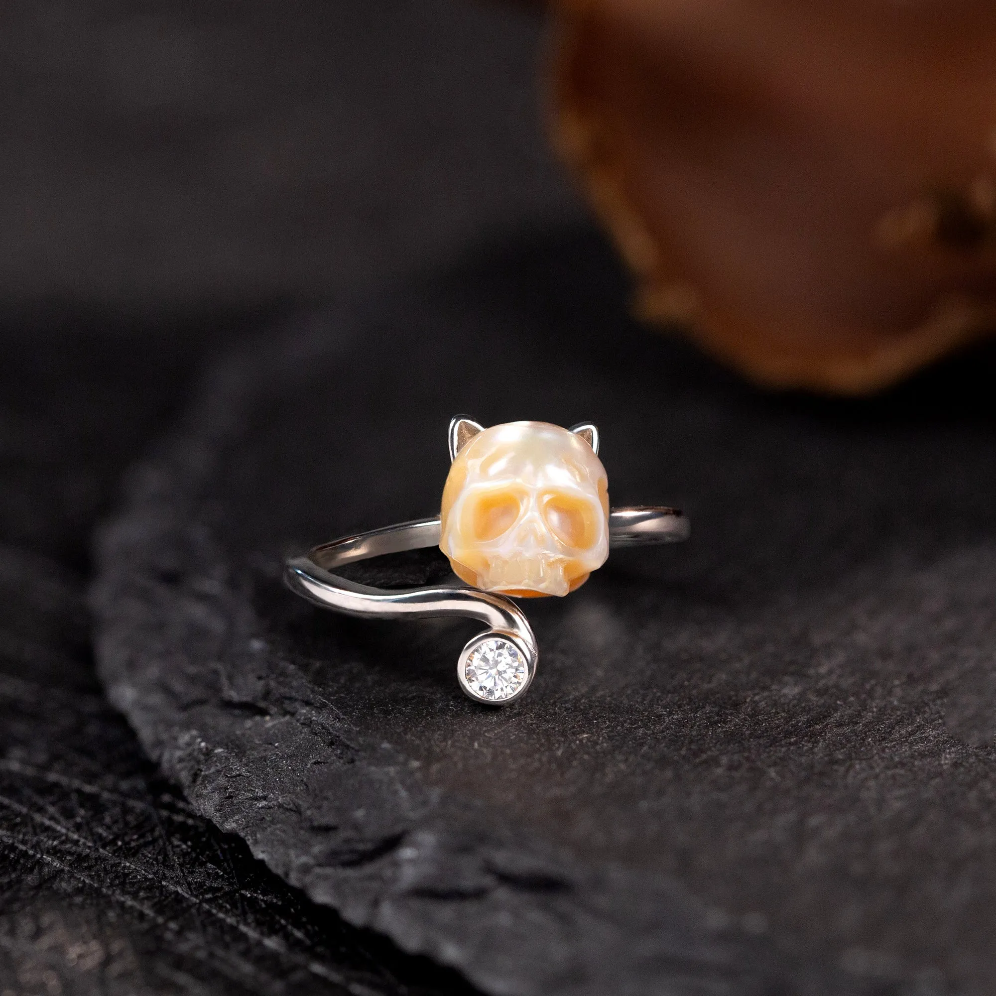 Cubic Zirconia Pearl Skull Cat Ring sold by Belle Juri product image thumbnail 4