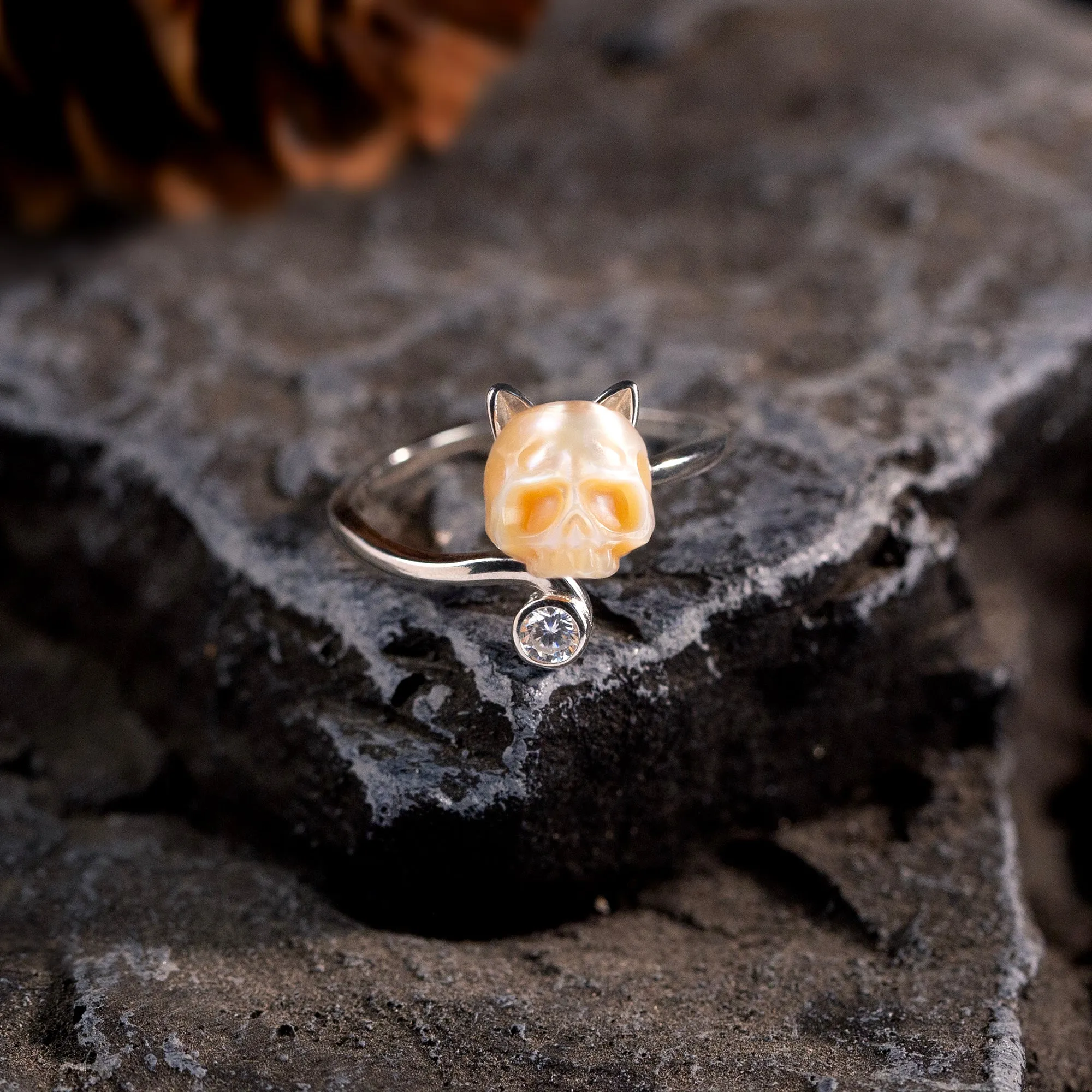Cubic Zirconia Pearl Skull Cat Ring sold by Belle Juri