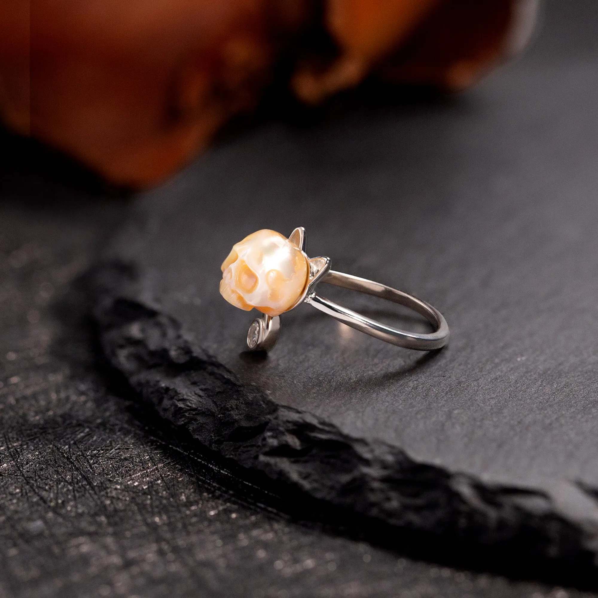 Cubic Zirconia Pearl Skull Cat Ring sold by Belle Juri product image thumbnail 2