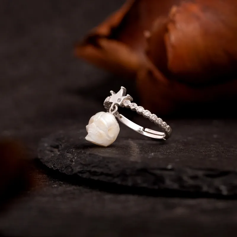 Hanging Crown Pearl Skull Ring sold by Belle Juri