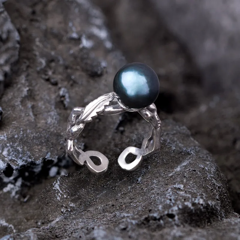Vintage Leaf Branch Black Tahitian Pearl Ring sold by Belle Juri