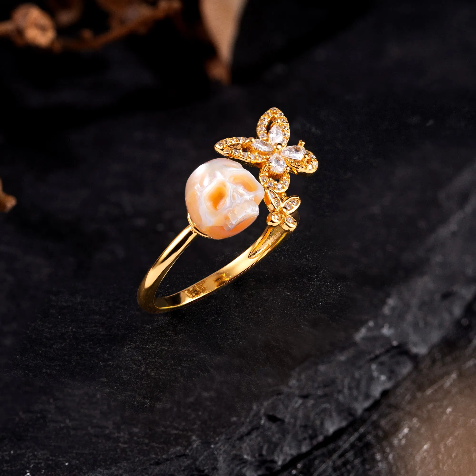 Zirconia Butterfly Pearl Skull Ring sold by Belle Juri