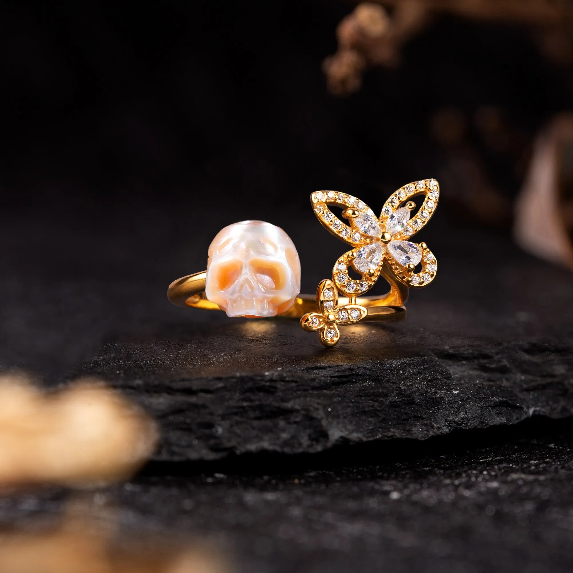 Zirconia Butterfly Pearl Skull Ring sold by Belle Juri product image thumbnail 3