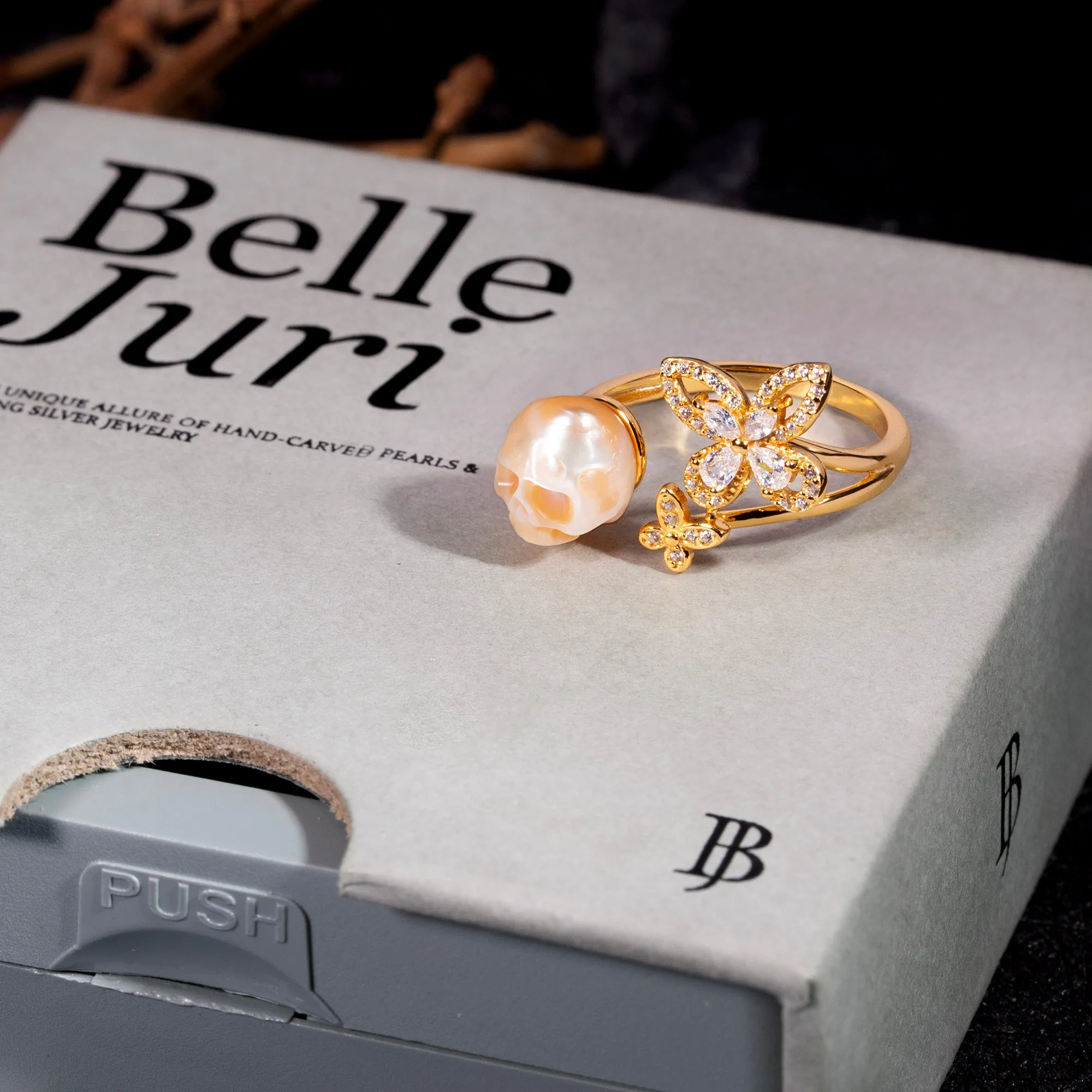 Zirconia Butterfly Pearl Skull Ring sold by Belle Juri product image thumbnail 5