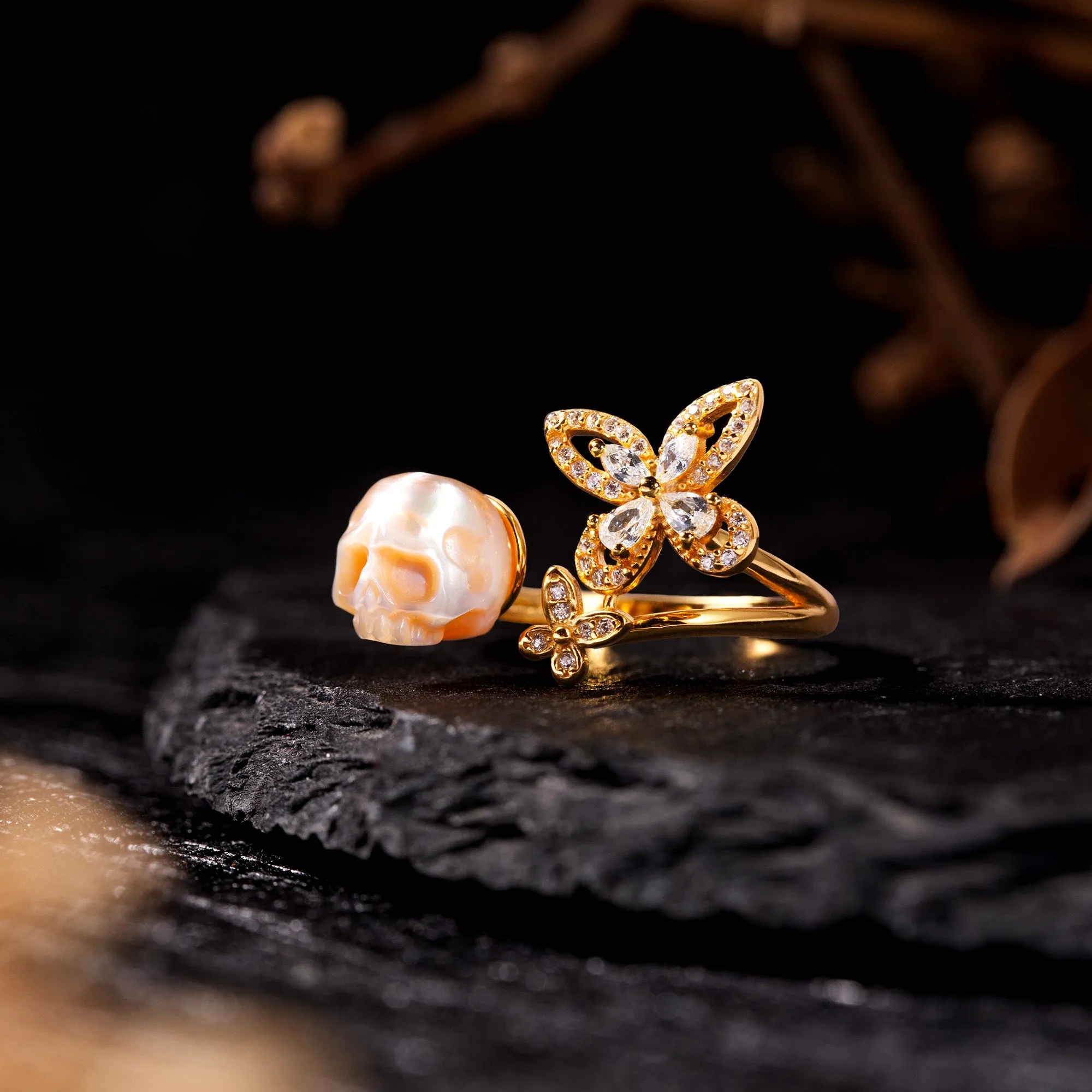 Zirconia Butterfly Pearl Skull Ring sold by Belle Juri product image thumbnail 2