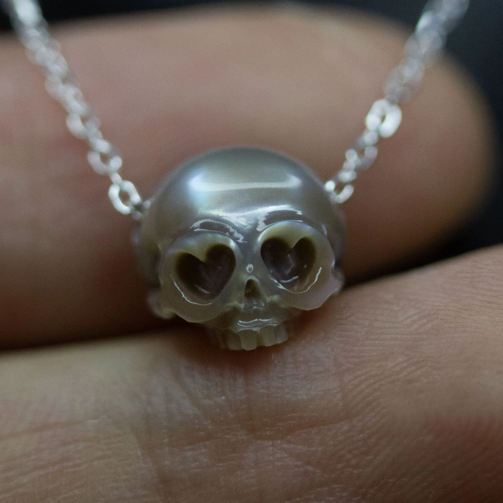 Heart Eyes Minimalist 4A Pearl Skull Necklace sold by Belle Juri