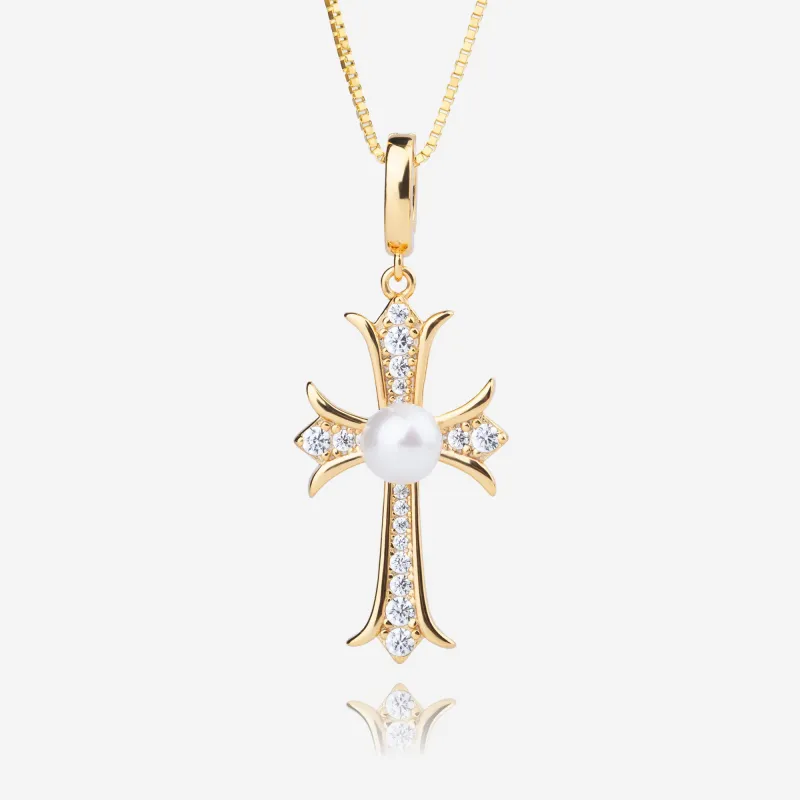 Natural Pearl & Cubic Zirconia Cross Necklace sold by Belle Juri