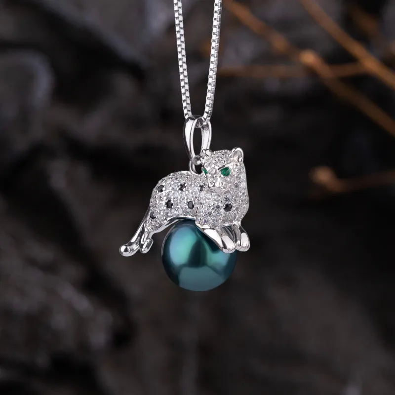 Zirconia Panther & Tahitian Pearl Necklace sold by Belle Juri