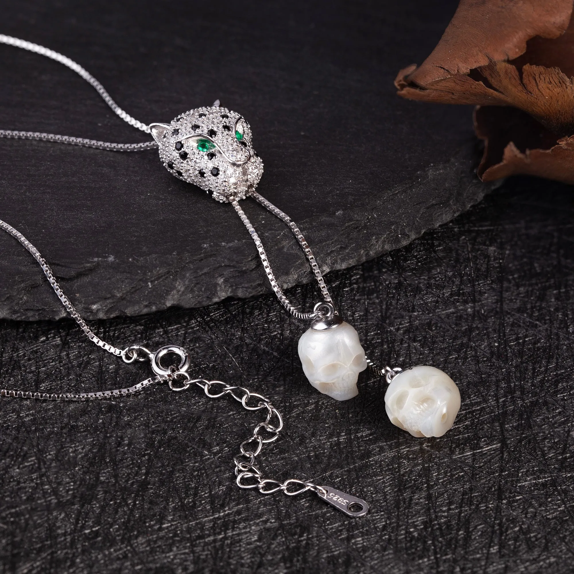 Cubic Zirconia Leopard Lariat Pearl Skull Necklace sold by Belle Juri product image thumbnail 4