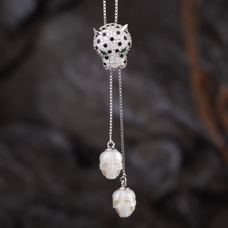Cubic Zirconia Leopard Lariat Pearl Skull Necklace sold by Belle Juri