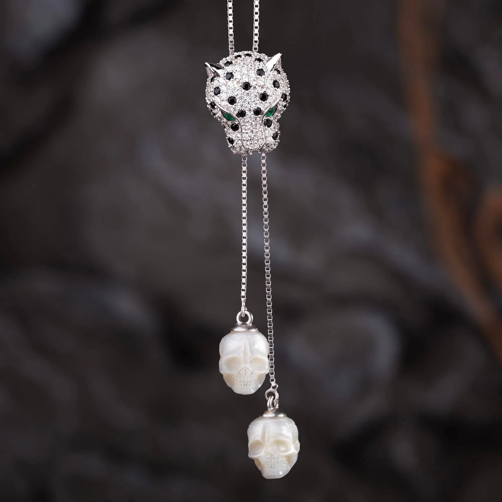 Cubic Zirconia Leopard Lariat Pearl Skull Necklace sold by Belle Juri