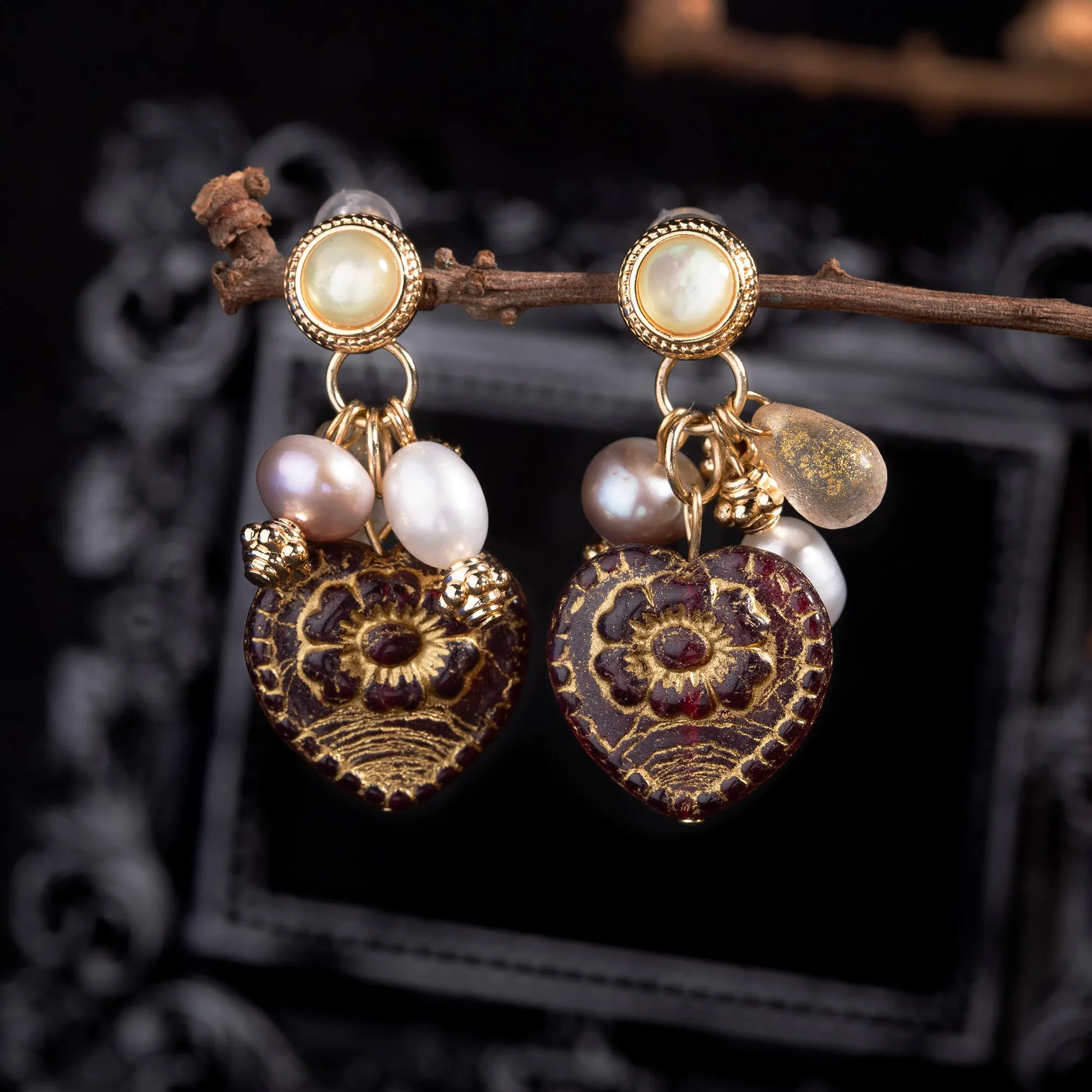 Vintage Fallen Leaf Heart Pearl Earrings sold by Belle Juri