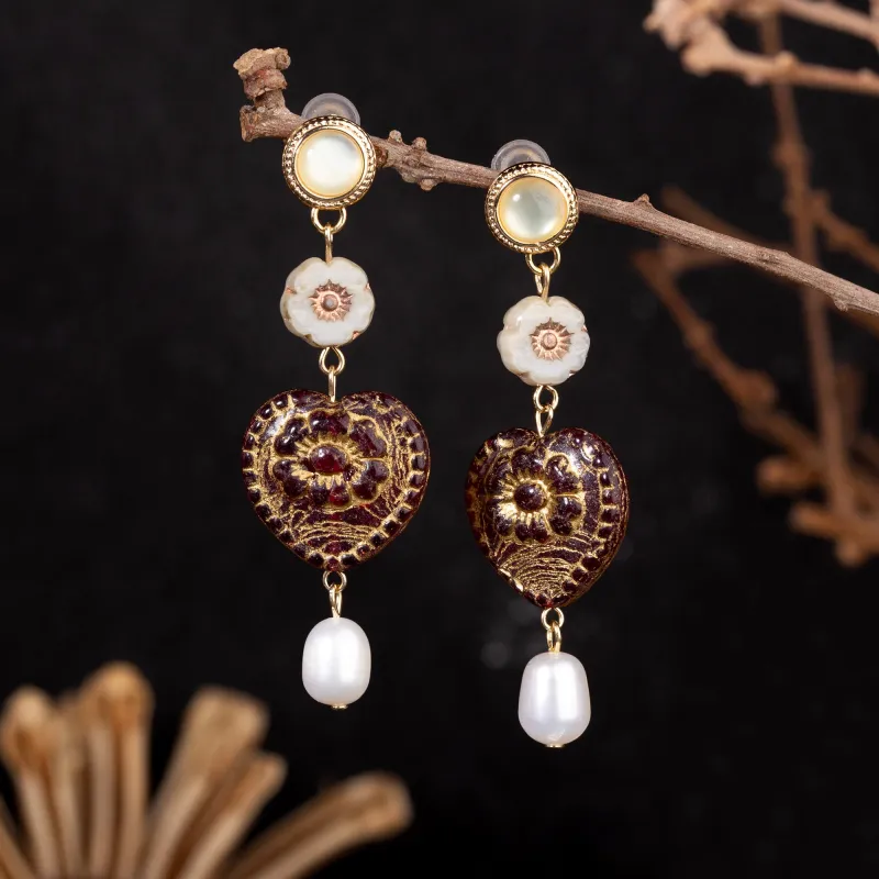 Palace Retro Carved Heart Pearl Earrings sold by Belle Juri