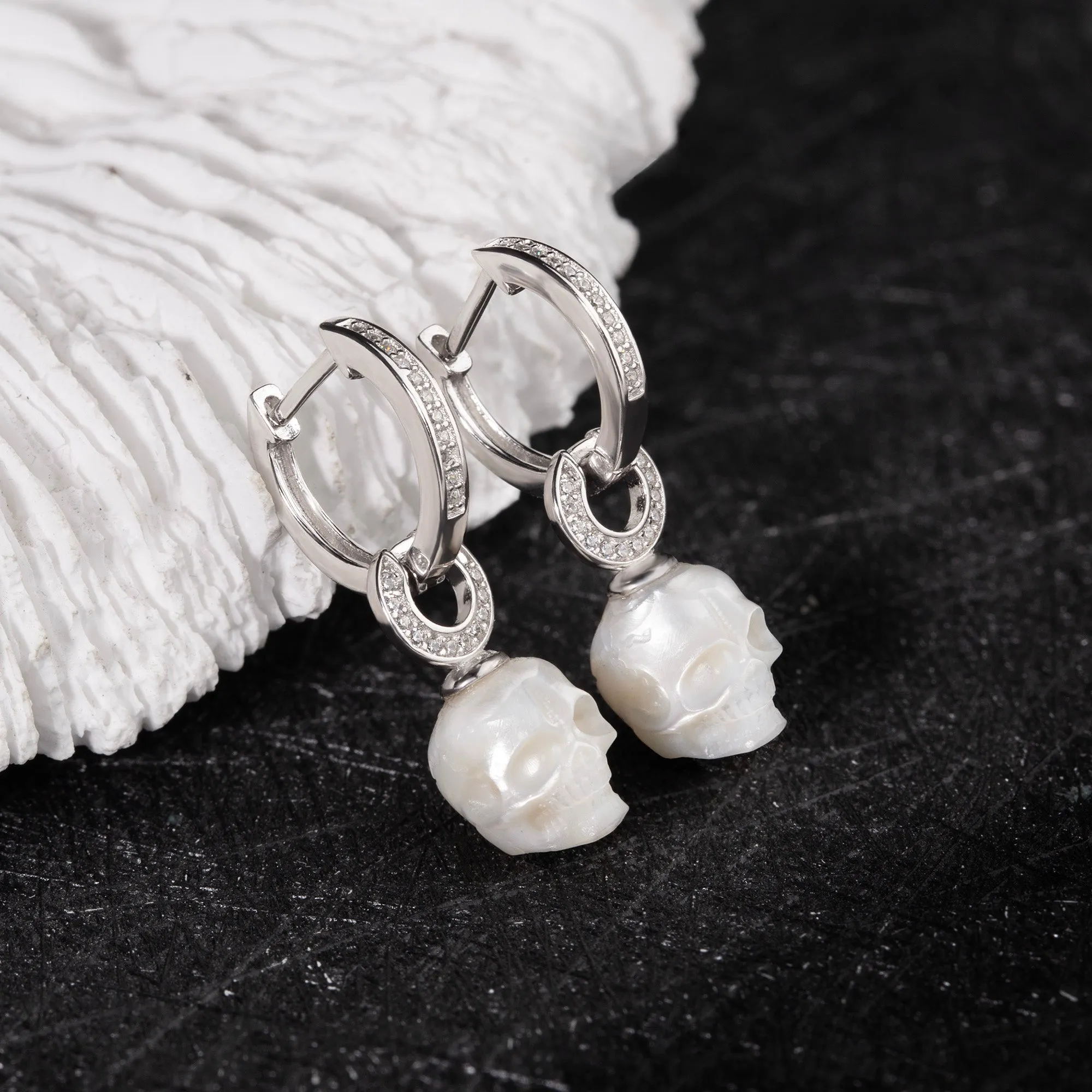 Silver Hoop U-Shaped Zircon Skull Pendant Earrings sold by Belle Juri product image thumbnail 5
